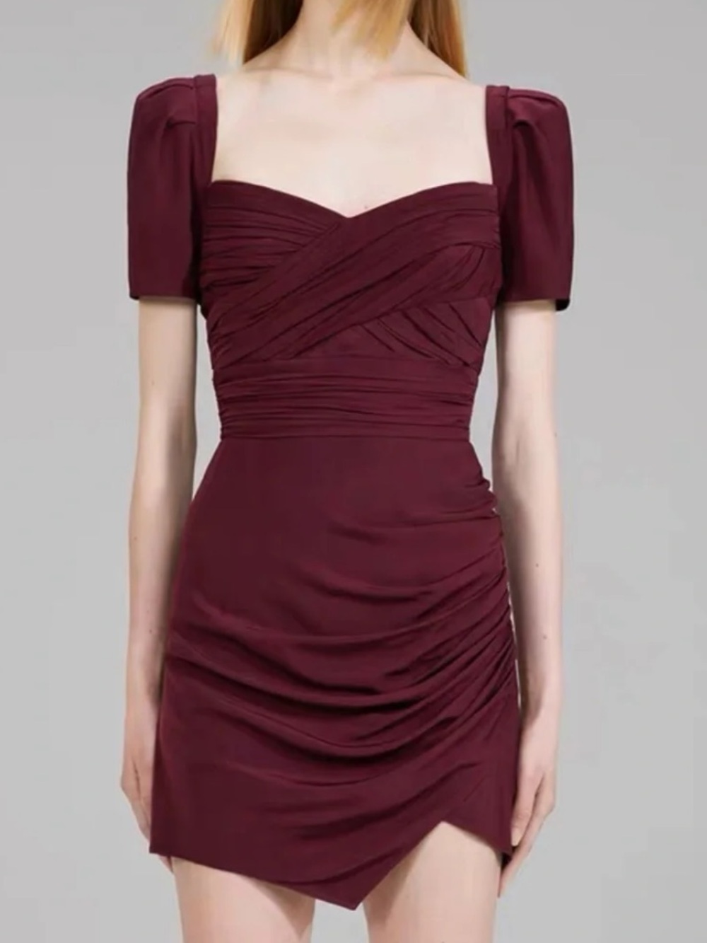 Self Portrait- Iris Stretch Crepe Mini Dress Magenta Purple Plum Puff Sleeve 2